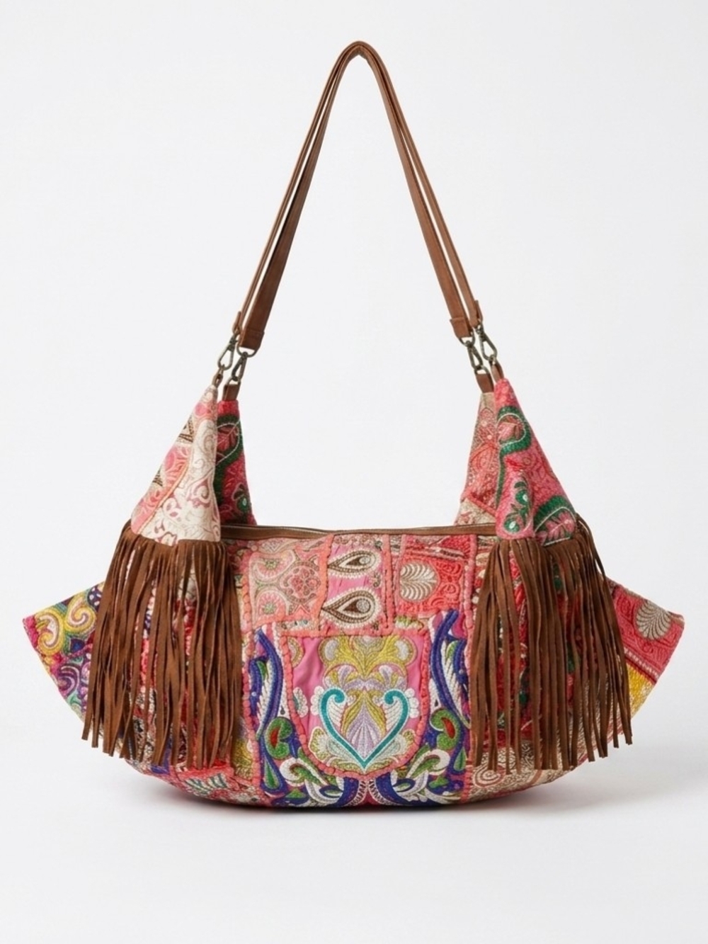 Banjara Patchwork Boho Embroidered Pink Multicolor Fringe Duffle Bag